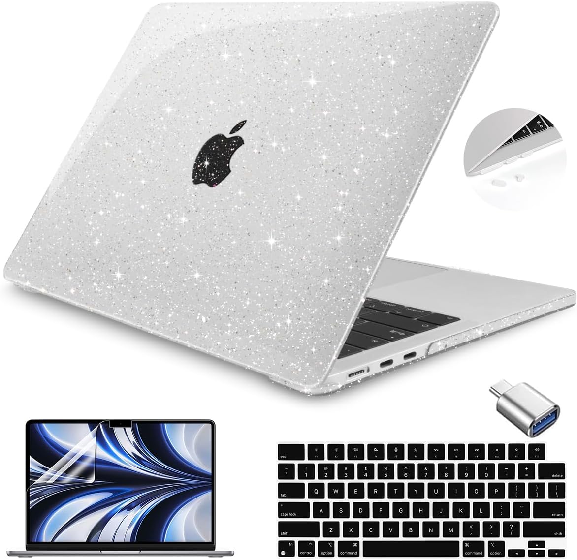 Teryeefi Compatible with MacBook Air 15 inch Case M4 M3 M2 Chip 2025 2024 2023 Release A3241 A3114 A2941 Model with Keyboard Cover + Type C Adapter for Air 15.3 Transparent Case, Glitter Clear