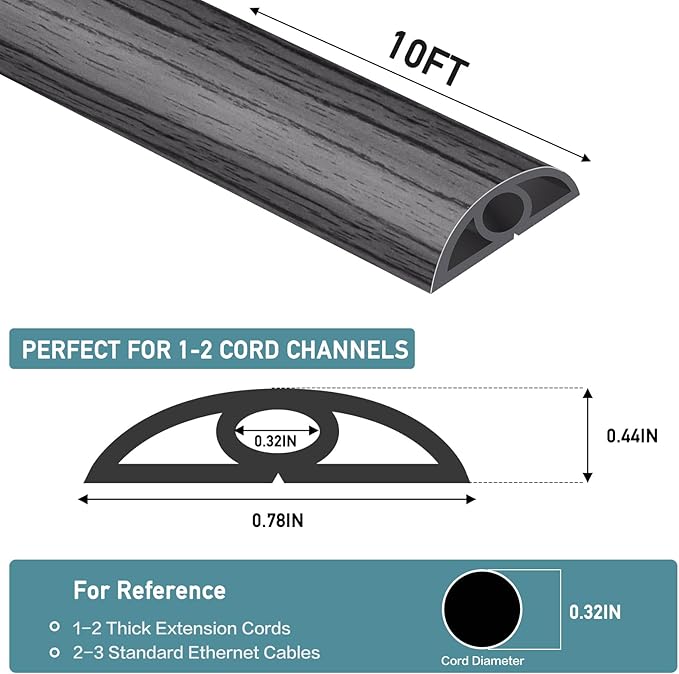 Floor Cord Cover Self Adhesive Cord Hider Floor Extension Cord Covers for Floor Power Cord Protector Cable Management Prevent Cable Trips Cable Cavity 0.32" W x 0.32" H (Deep Grey Wood, 10Ft)