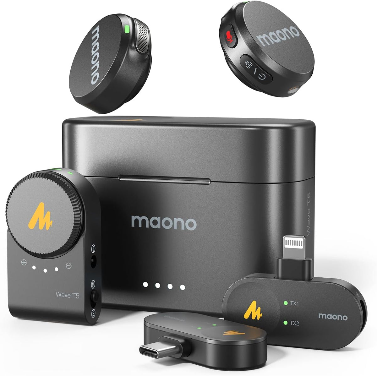 MAONO Wireless Lavalier Microphone for iPhone/Android/Camera/PC, Mini Lapel Mic with 48khz 24bit, Voice Filter, Noise Cancellation, 30h Battery, USB-C/Lightning Plug for Video Recording - Wave T5