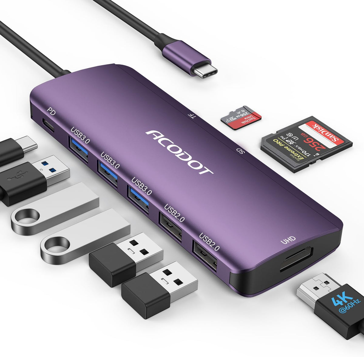 Acodot 9 1 4K@60Hz 3 3.0 100W in USB C Hub - HDMI Adapter, USB Ports, SD/TF Card Reader, PD, Multiport Adapter