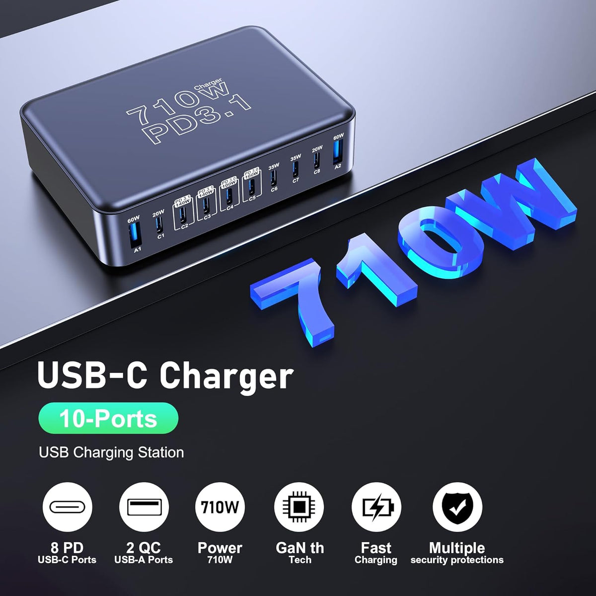 CHIPOFY 710W USB C Charger Block, 10 Port USB C Charging Station, Dual PD3.1 140W QC3.0 60W GaN Laptop Fast Wall Charger for MacBook Pro/Air, iPad, iPhone, Samsung Galaxy