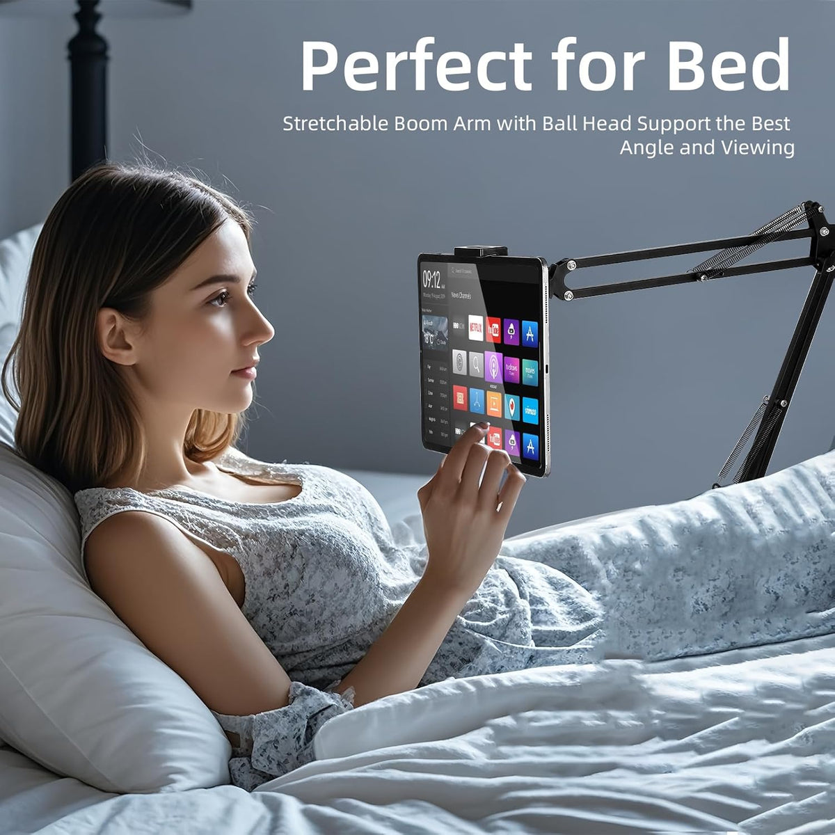 Peastrex Tablet Floor Stand with 12lb Stable Base Overhead Bed Ipad Phone Holder Mount with Adjustable Height Stretchable Arm for 4.5-13in iPad Pro Air Mini 12.9/9.7, Kindle, Galaxy Tab, CellPhones