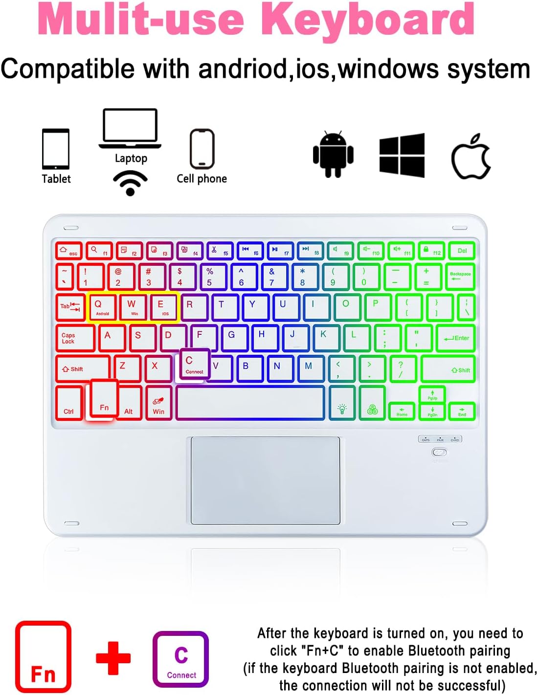 Universal Touchpad Keyboard Case for 9.7,10.1,10.2",10.5",10.9",11" Tablet, Rainbow Backlight TrackPad Keyboard with Type-C Charging Port fit 9.7-11 inch Android/iOS/Windows (Pink)