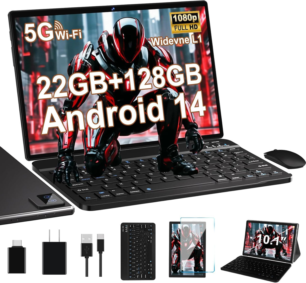 Android Tablet with Keyboard, 10 inch Android 14 Tablets 22GB+128GB, Octa-Core CPU, 8000mAh, HD IPS Display, 5G WiFi, BT 5.0, GPS, Widevine L1, 1TB Expandable, Mouse, Split Screen, Metal Body -Black