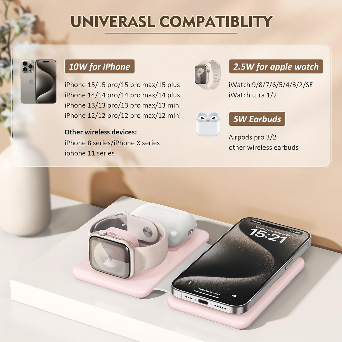 3 in 1 Wireless Charging Station for iPhone 16 15 14 13 12 Pro Max Plus – Foldable Magnetic Charger Pad for Apple Watch Series & AirPods – Fast Wireless Charging Dock for Travel & Home