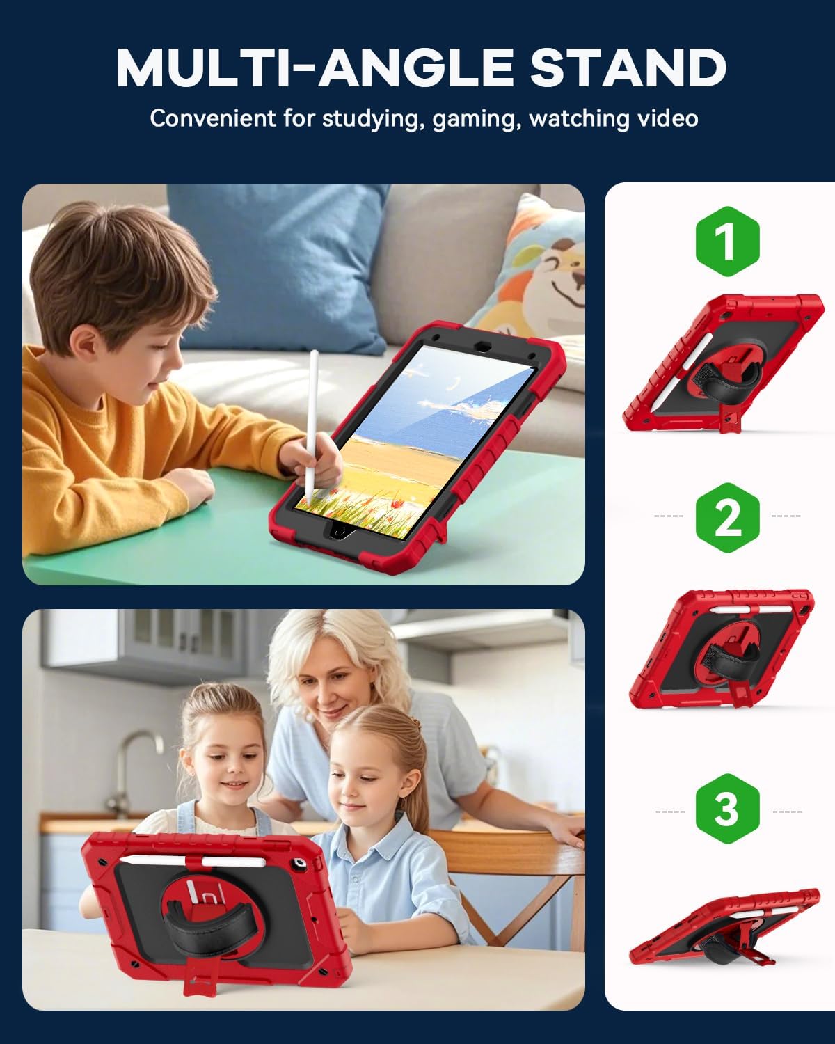 Cantis Case for iPad 9th/8th/7th Generation with Screen Protector, iPad 10.2 Case 2021/2020/2019 with 360 Degree Rotating Stand/Shoulder Strap/Pencil Holder, Red