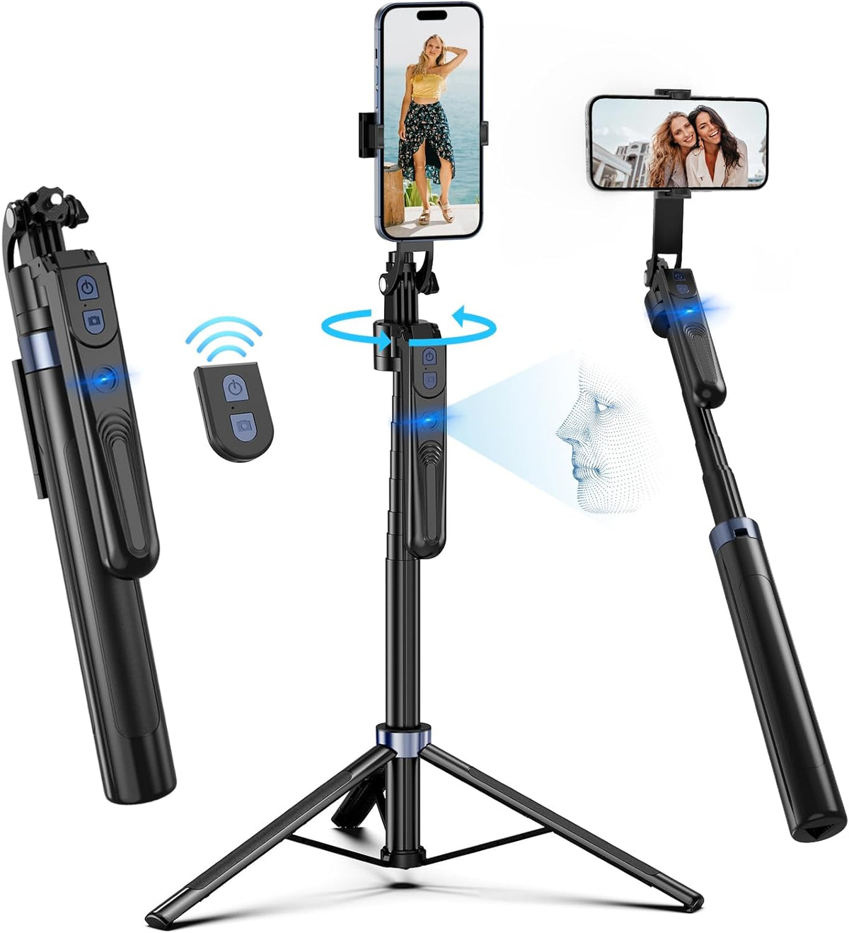 Auto Face Tracking Tripod 360 Rotation with Stand,Android and iPhone Tripod Holder with Remote and Gesture Control, No App,Built-in Tracking Camera Selfie Stick for Vlog Video Recording Tiktok