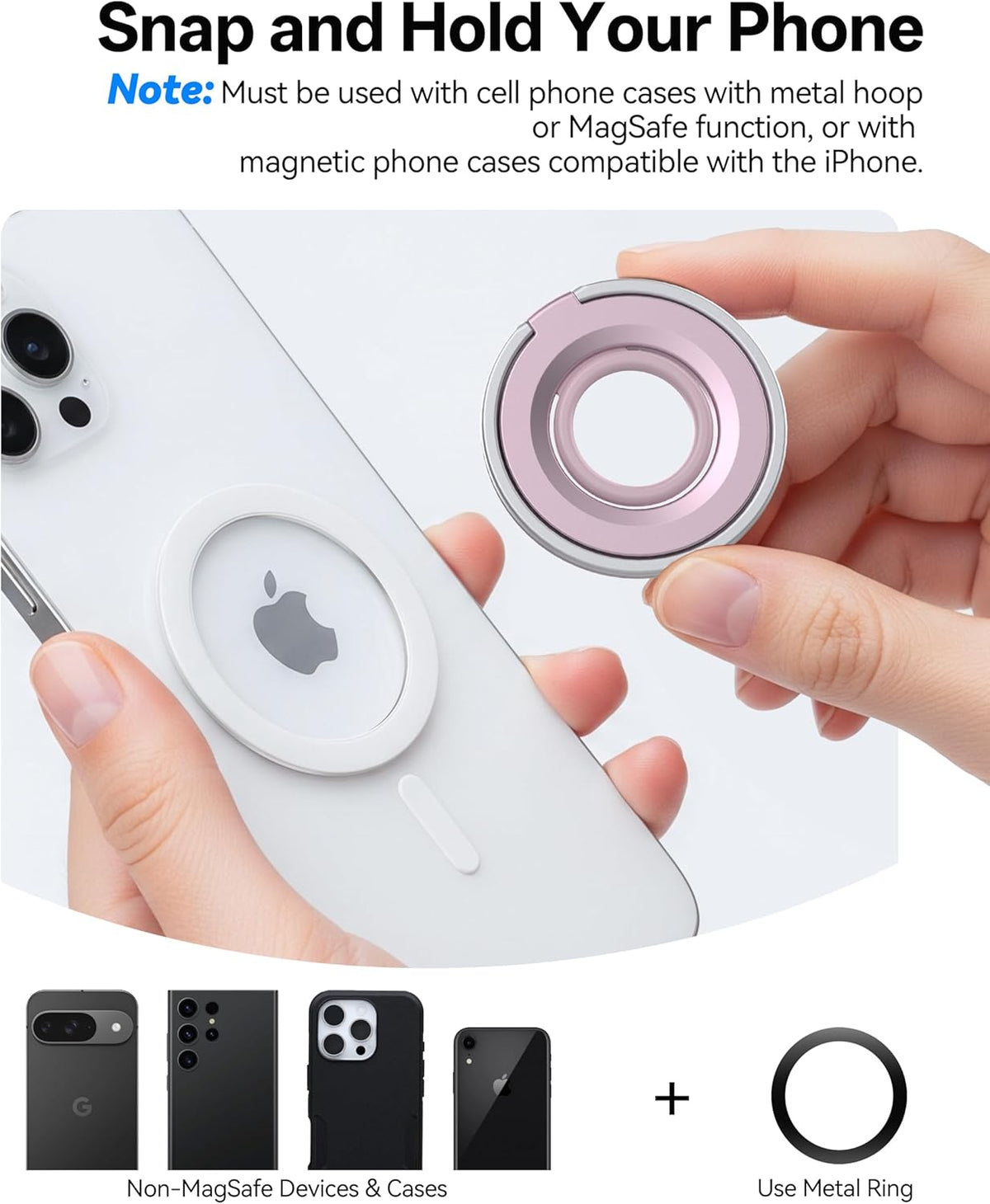 [2025 Upgrade] Magnetic Phone Grip for MagSafe Ring Holder, Two-Sided Magnets Phone Ring Grip Finger Kickstand Compatible with iPhone 16 Pro/Max 15 14 13 12 11 Plus & Android Phone (pink1)
