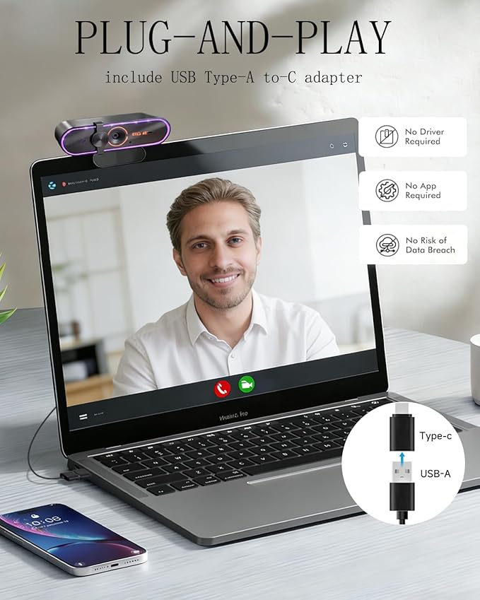 Windows 10 Webcam for pcwith Microphone &amp Privacy Cover &amp Plug&ampPlayWorks Zoom/Teams/Skype/Google Meet
