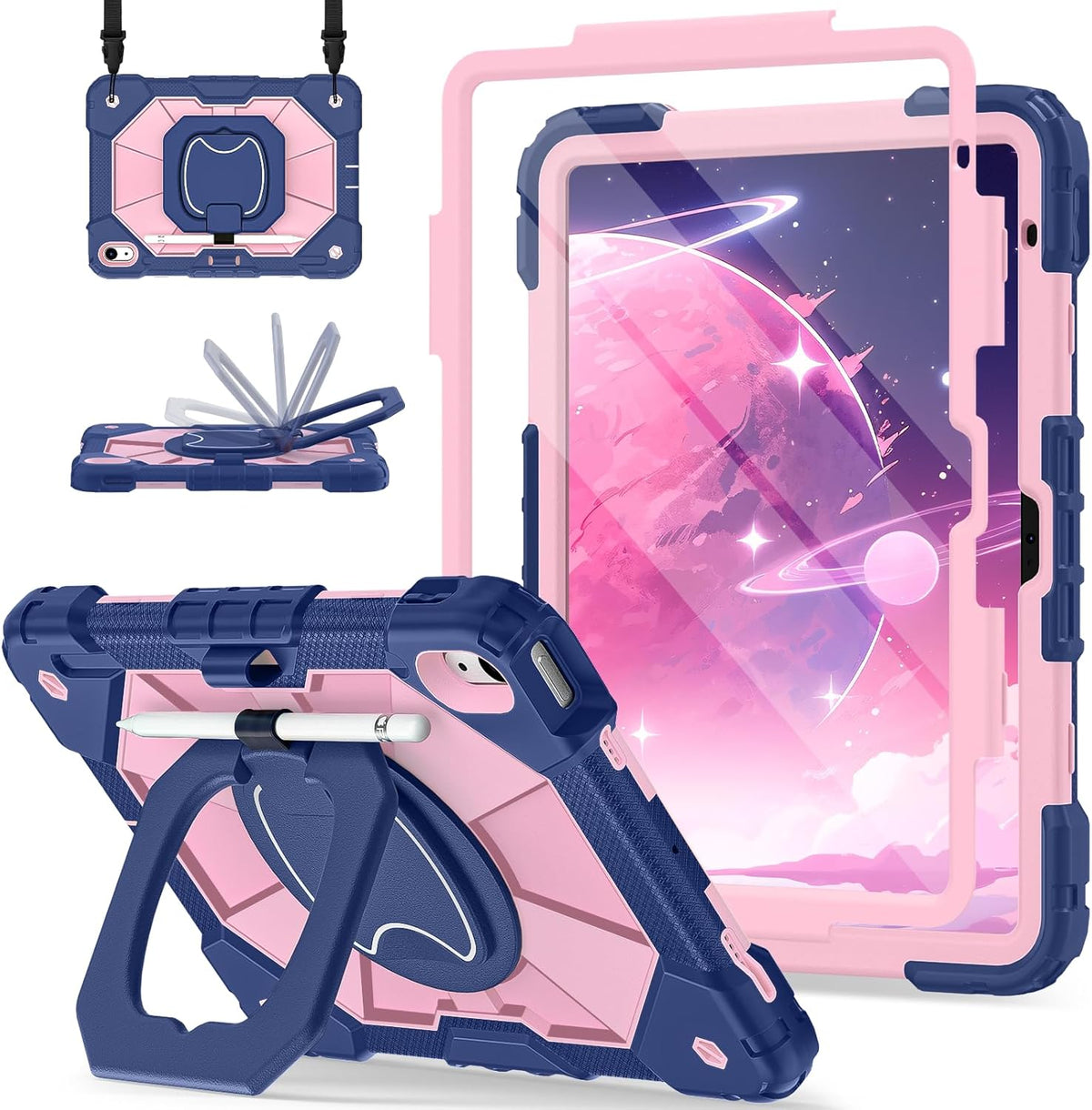 Case for iPad (A16) 11th Generation 11 Inch (2025), iPad 10th Generation Case 10.9 Inch (2022), Shockproof Cover with 360° Rotating Stand Screen Protector Pen Holder Shoulder Strap, Navy Rose