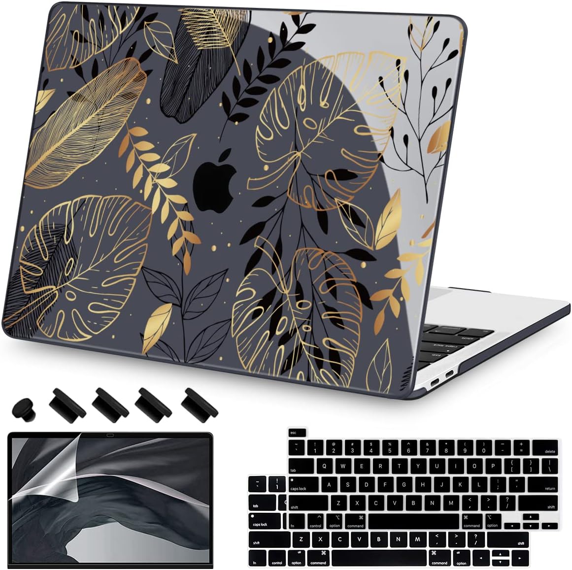 Teryeefi for MacBook Pro 13 inch Case M2 M1 2022 2020-2016 Release (Model A2338 A2289 A2251 with Touch Bar), Plastic Hard Shell Case & Keyboard Cover & Screen Protector, Golden Palm Leaves