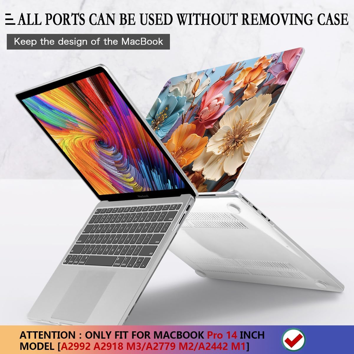 CISSOOK Compatible with MacBook Pro 14 inch Case 2024 2023 2022 2021 Release M4 A3401 A3112 A3185 M3 A2918 A2992 M2 A2779 M1 A2442 Pro Max Chip, Floral Hard Shell Case + Keyboard Cover, Silk Flowers