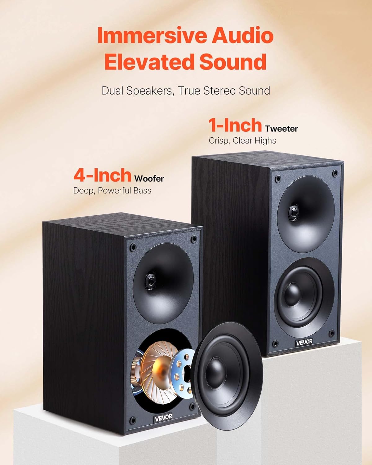 VEVOR Passive Bookshelf Speaker, 300W, Book Shelf Stereo Speakers with 4-Inch Woofer and 1-Inch Tweeter, Detachable Grille, 70Hz-20KHz Frequency Response, Wooden Enclosure, for Home Theater (1 Pair)