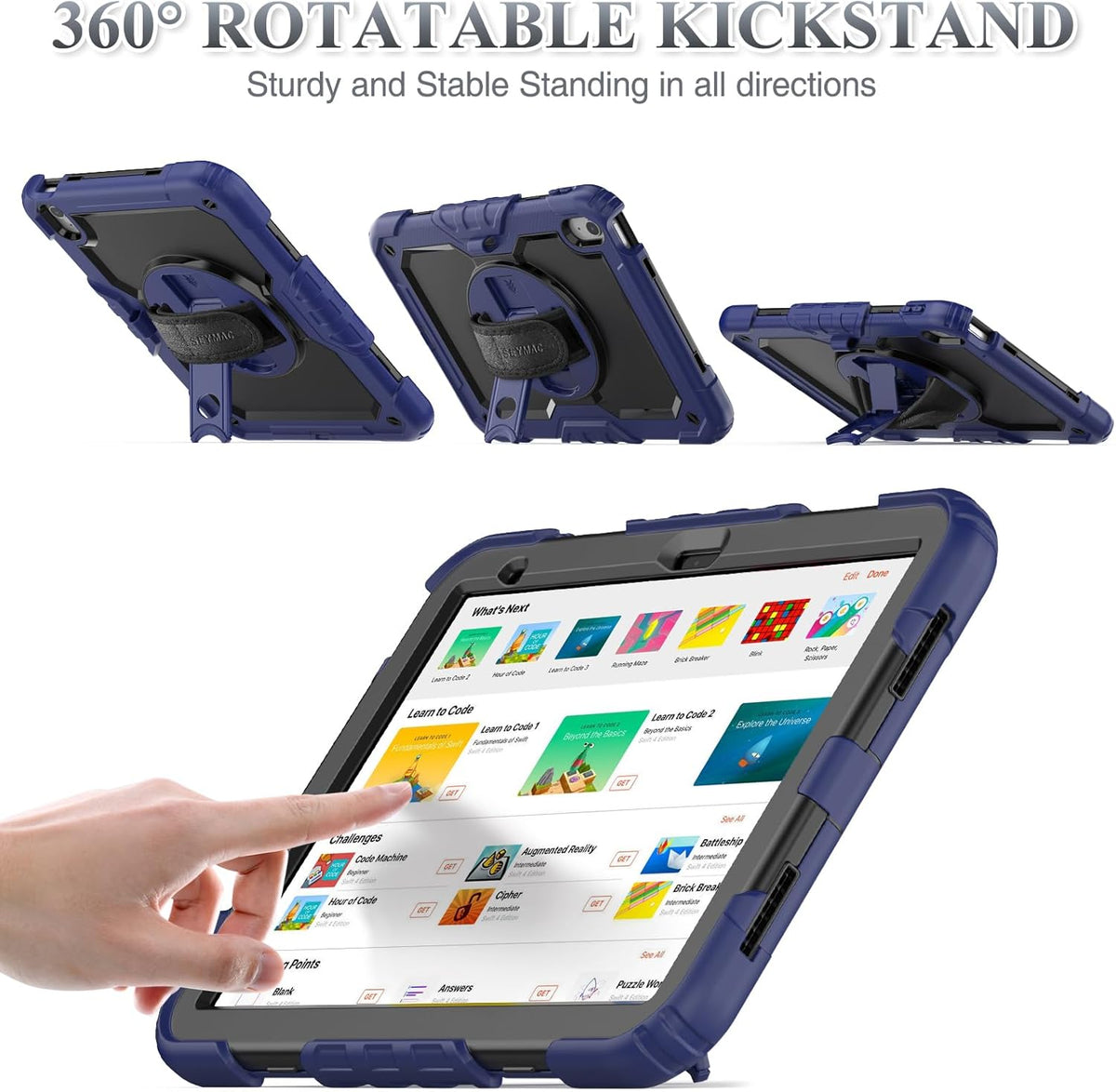 SEYMAC stock Case for iPad (A16) 11th/10th Generation 11''/10.9'' 2025/2022, Full-Body Drop Protection Case with Screen Protector &360° Rotate Hand Strap/Stand, Navy Blue