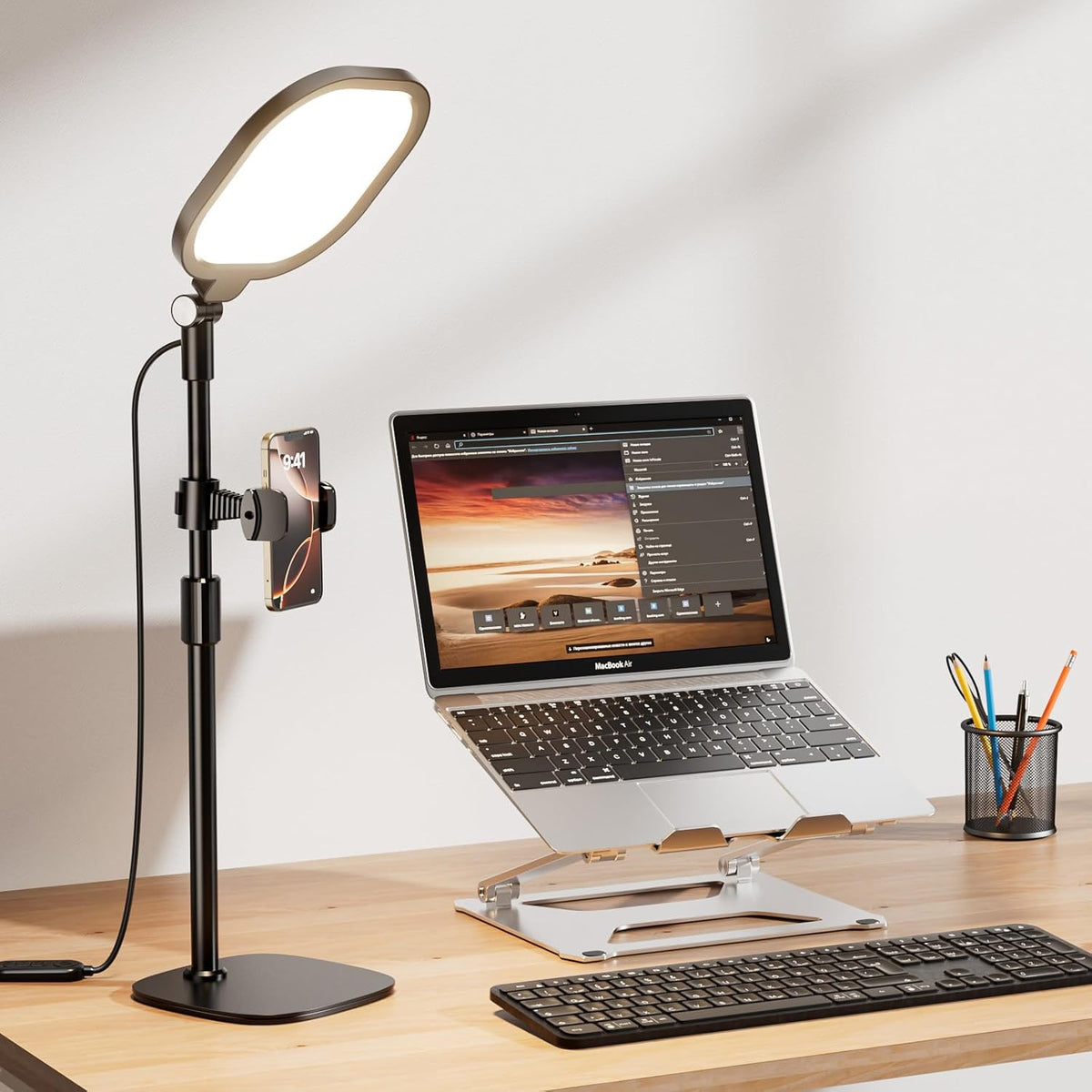 Desk Ring Light with Stand and Phone Holder, 3000K-6500K Dimmable Computer Ringlight for Laptop, Video Conference Light for Zoom Meeting, Video Calls, Webcam, Desktop Light for Video Recording