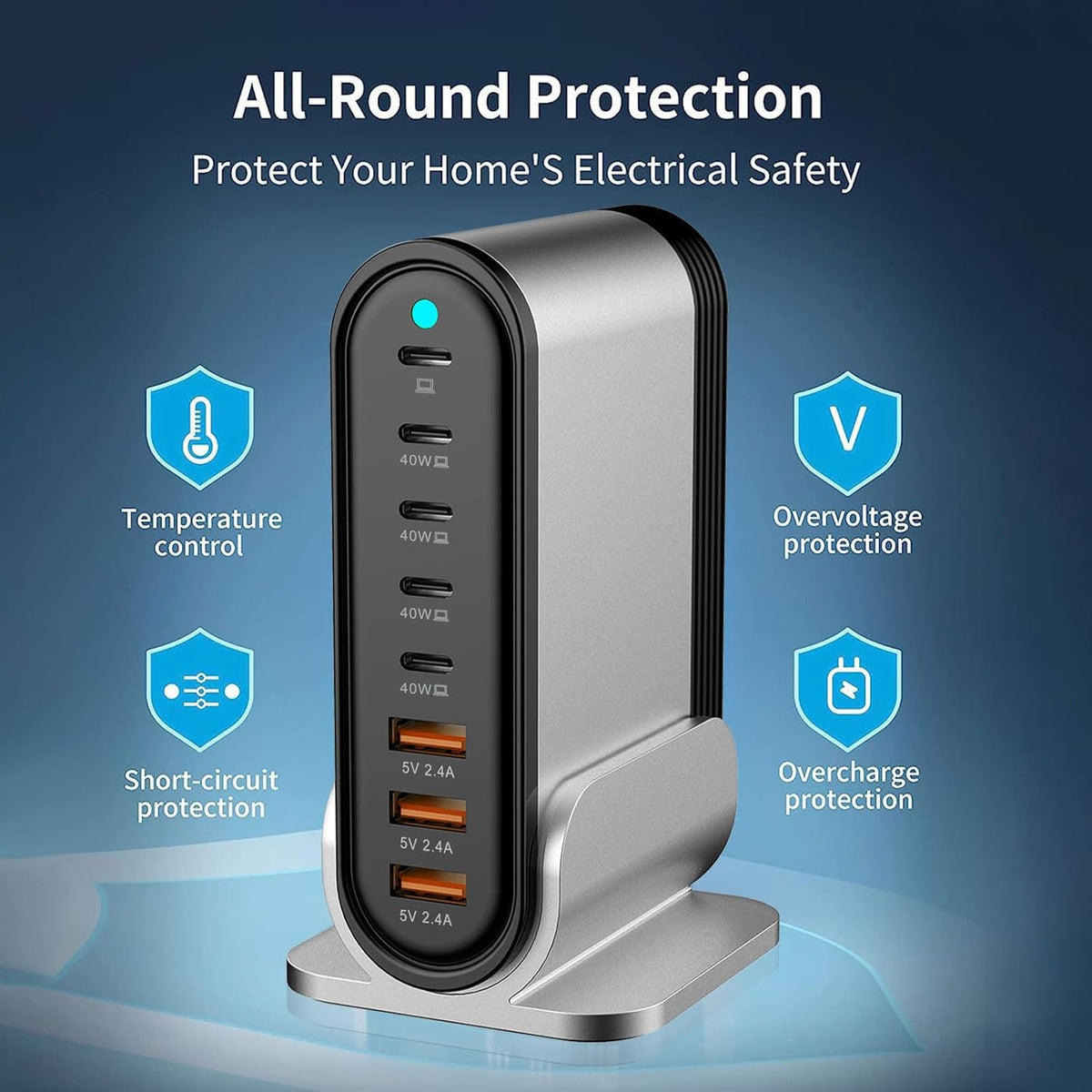 USB C Fast Charger : Fast Charging Station : 285W-8 Port Desktop Multiple Devices Power Adapter for Laptop MacBook Pro/Air, DELL, Tablet iPad Pro/Air, iPhone 16/15/14, Galaxy S23/22