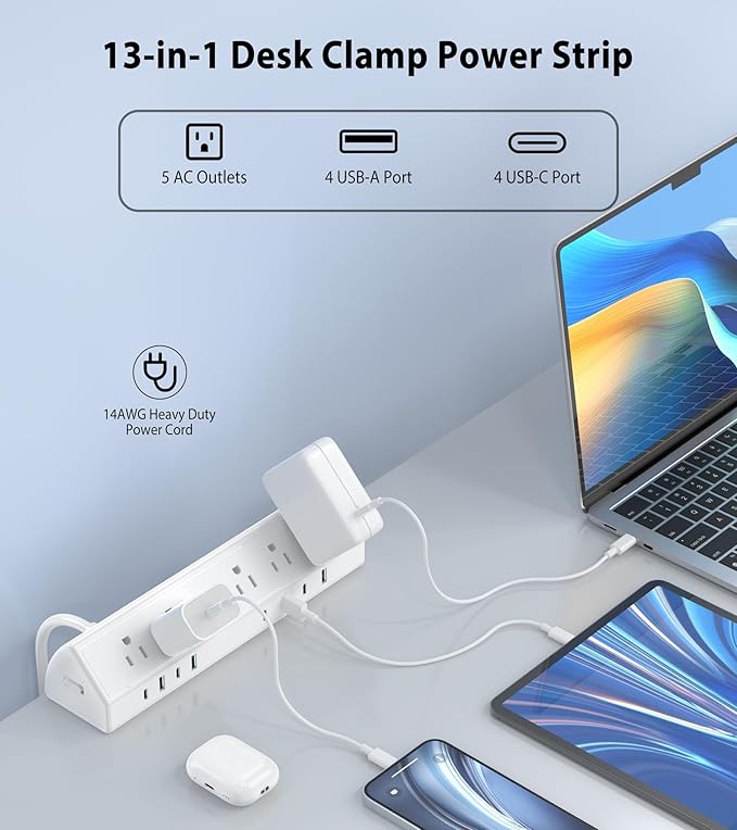 Jgstkcity Desk Clamp Power Strip USB C 45W,8 USB,15FT Cable,White