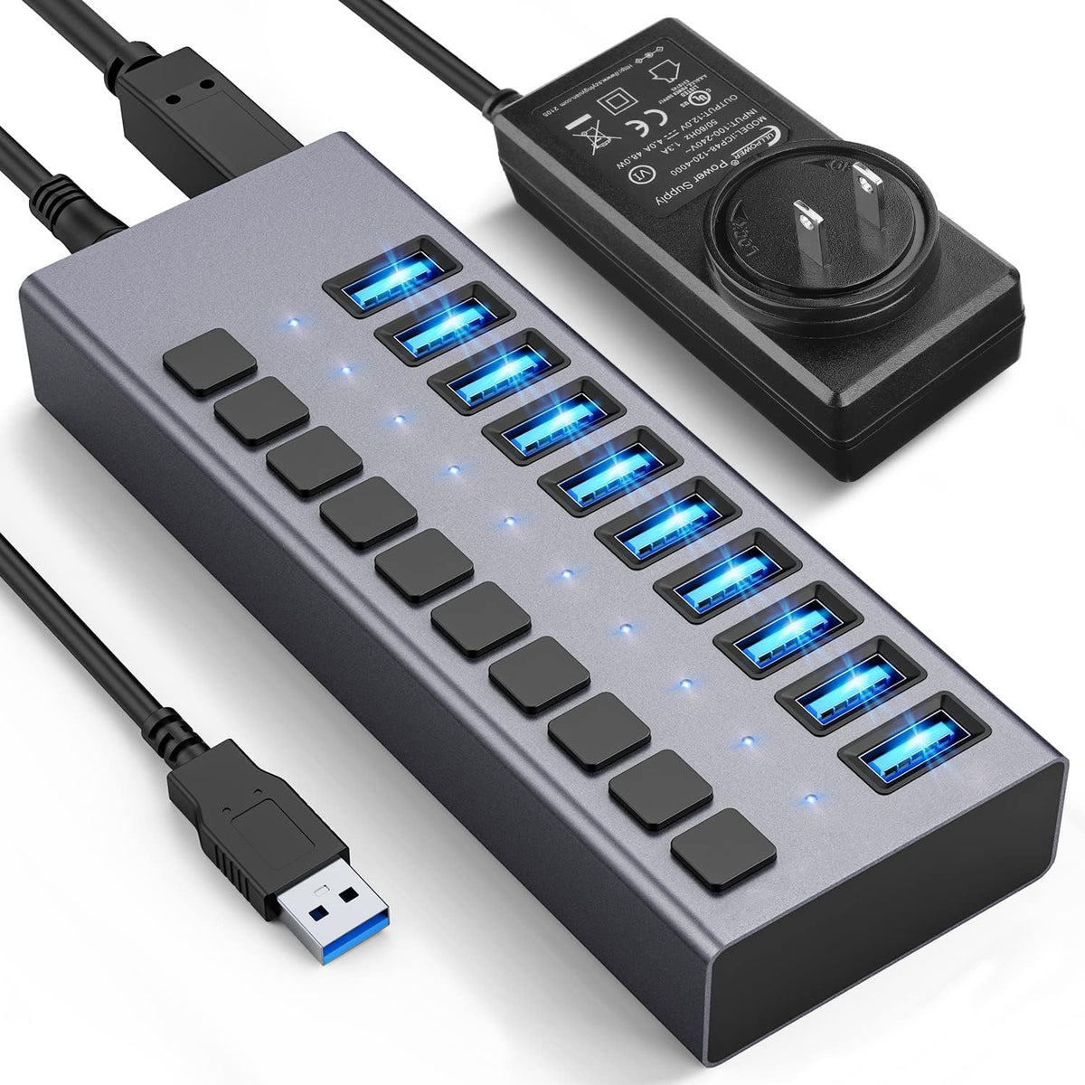 48W Powered USB Hub - ACASIS 10 Ports USB 3.0 Data Hub, Individual On/Off Switches, 12V/4A Power Adapter, Aluminum Housing, USB Splitter for PC, Computer, Mobile HDD, Flash Drive
