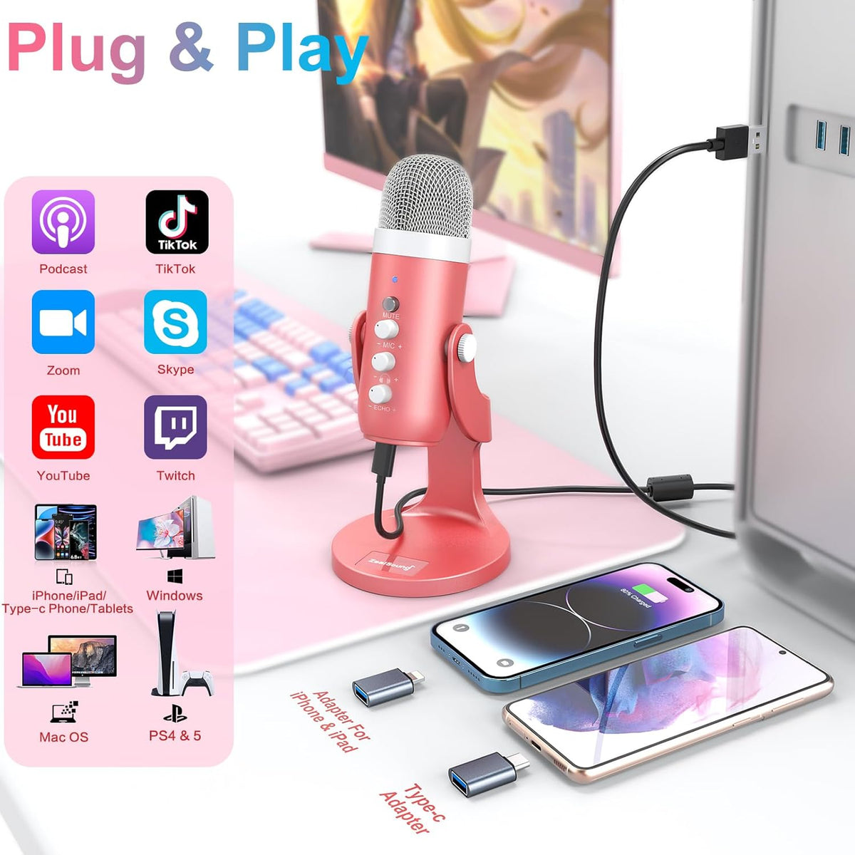 ZealSound USB Microphone,Condenser Computer Mic,Plug&Play Gaming Microphones for PS 4&5.Headphone Output&Volume Control,Mic Gain Control,Mute Button,YouTube Podcast on Mac&Windows Pearlescent Pink