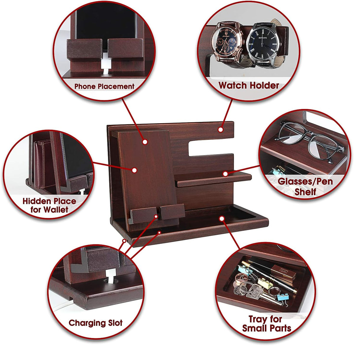 awofer Wood Phone Docking Station for Men - Wooden Nightstand Organizer - Personalized Idea for Him, Husband