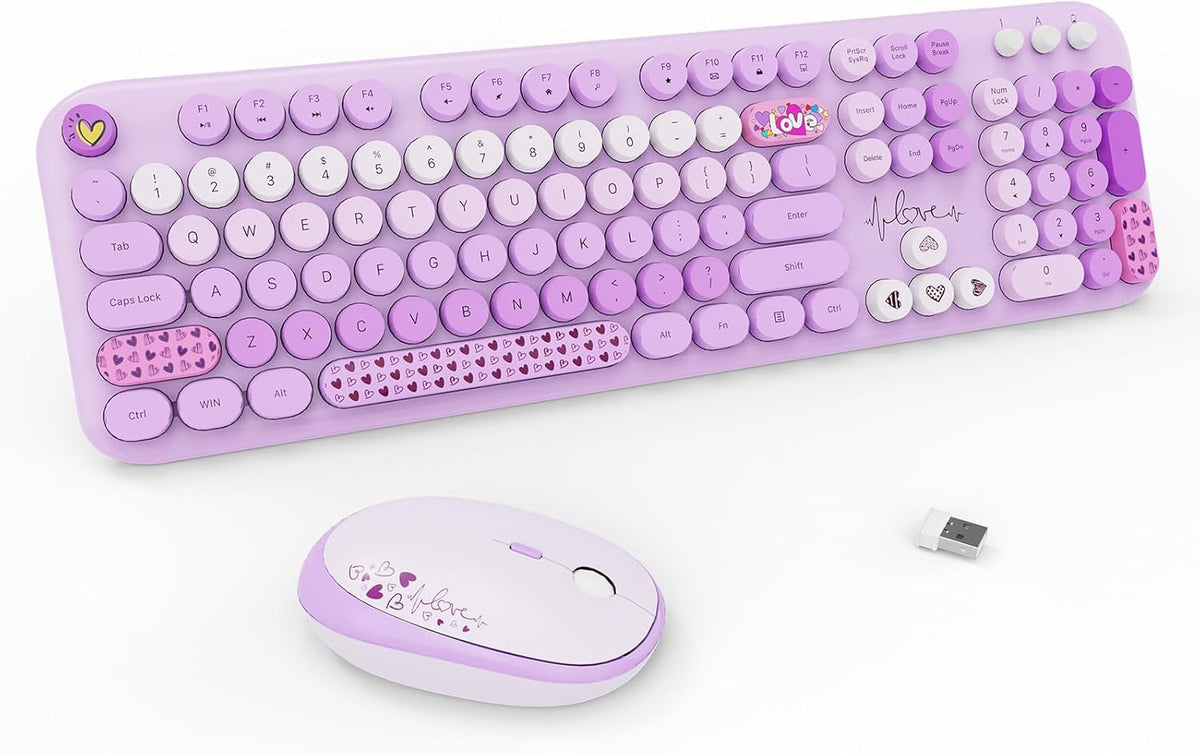 Wireless Keyboard and Mouse Set, 104 Round Keys Full-Size Cute Colorful Keyboard and Mouse with Retro Typewriter for PC/Mac/Laptop/Tablet/Computer/Windows Purple