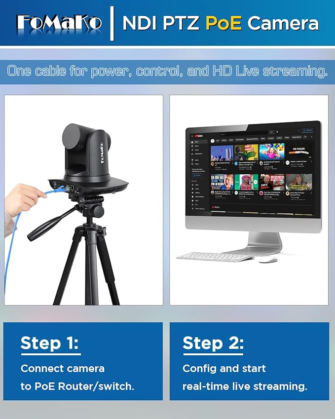 FoMaKo NDI PTZ Camera AI Auto-Tracking Gen 3 20x Optical Zoom LAN USB3.0 HDMI PTZ Camera for Church Services Worship Education (NDI 6 &amp NDI HX3) FMK20UH NDI-B (Black Color)