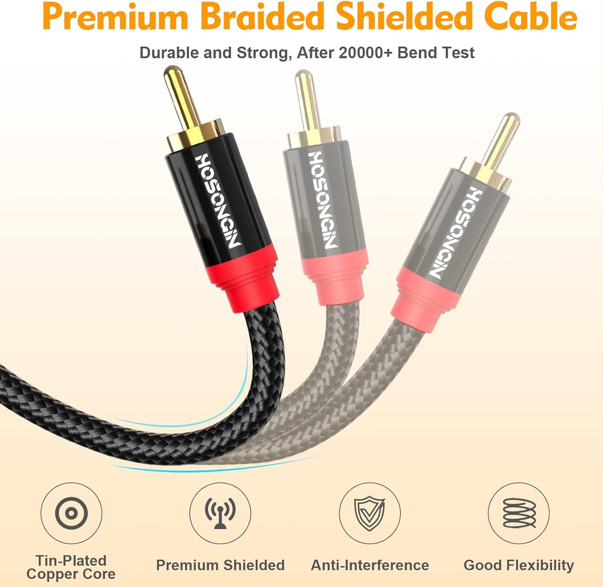 HOSONGIN RCA Cables 8FT 2 Pack[Hi-Fi Sound, Nylon Braided, Shielded], 2-Male to 2-Male RCA Audio Stereo Subwoofer Cable Auxiliary Cord for Home Theater, HDTV, Amplifiers, Hi-Fi Systems, Speakers