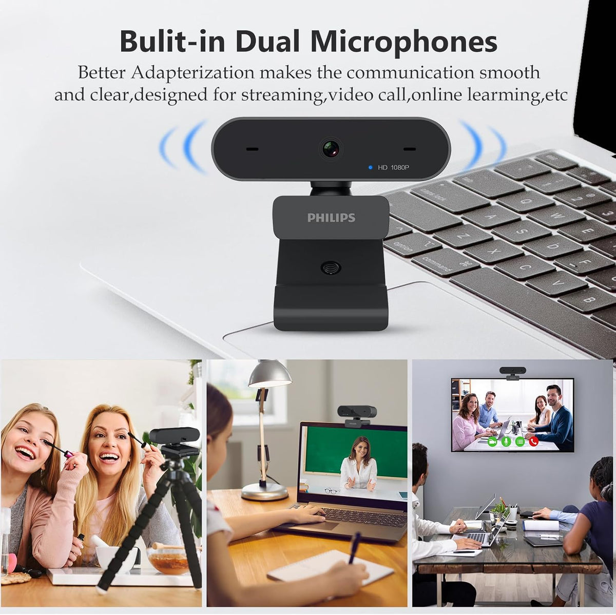 PHILIPS HD 1080P Webcam Camera for PC, SPL6208 Web Camera for Laptop, Dual Microphone Streaming Webcam for Clear Stereo Audio, Plug and Play USB Webcam for Zoom/Skype/Teams, Conferencing and Video