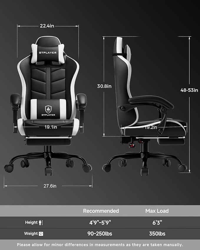GTPLAYER Gaming Chair Ergonomic Game Computer Chairs with Foot Rest for Adults Adjustable PC Game Chair with Reclining Function and Comfortable Headrest for Home and Office Use (White)