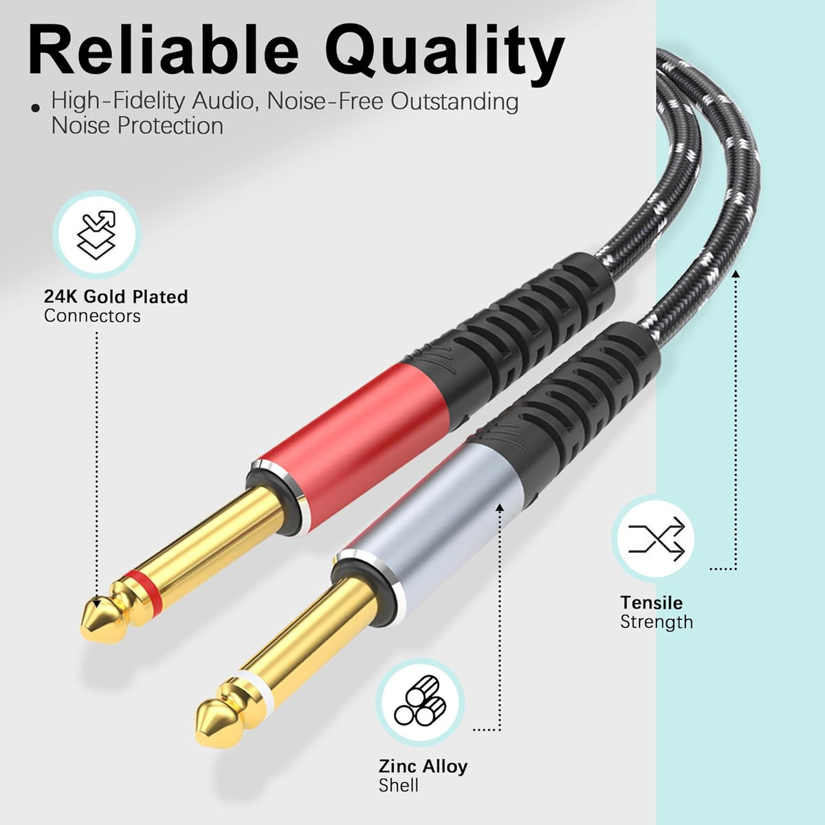 6.35mm 1/4" Splitter,3 1 1/4-inch 3.3FT Lightning to Dual TS Mono Stereo Y-Cable in to Dual Audio Cable, Compatible