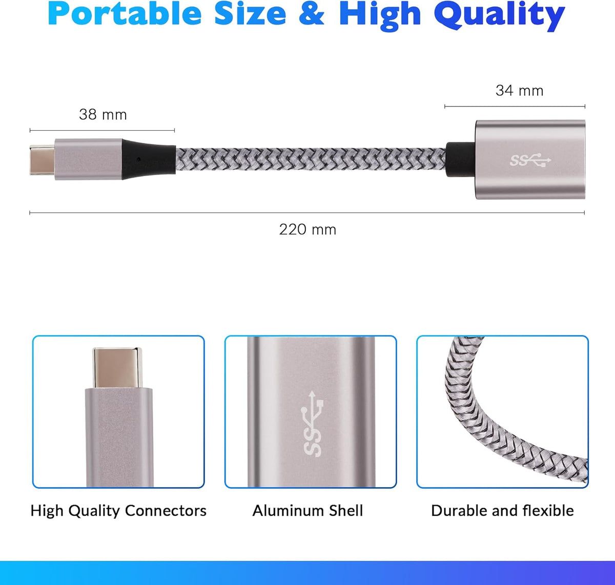 USB-C to USB 3.1 Adapter（2 Pack）, Nylon Braided Type-C OTG Cable USB C Male to USB A 3.0 Female Connector for iPhone 15，iPhone 15 ProMax, Samsung S23 Ultra, MacBook Pro, MacBook Air/Mini, Google Pixel