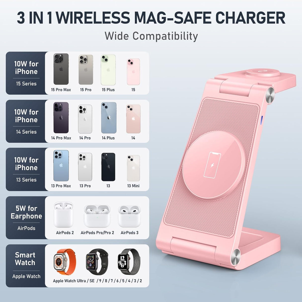 Magnetic Wireless Charger Stand, 3 in 1 Foldable Wireless Charging Station, Travel Charger for Multiple Devices for iPhone 16 15 14 13 12 Series, Apple Watch Ultra/SE/9/8/7/6/5/4/3/2, AirPods
