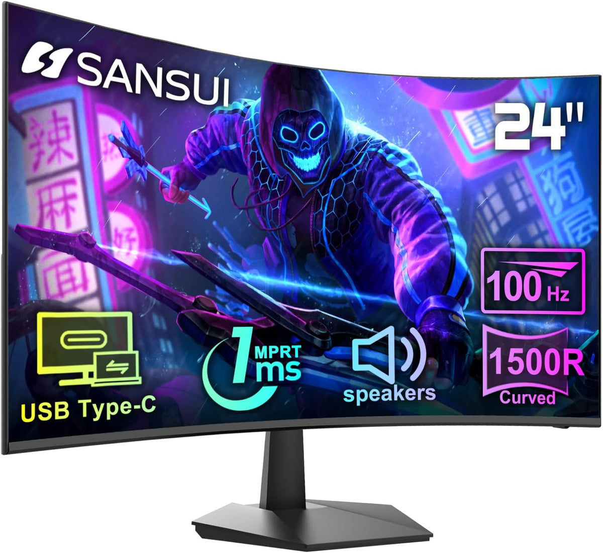 SANSUI Curved Monitor 24 inch 100Hz USB Type-C Computer Monitor with Built-in Speakers- MPRT 1ms,Adaptive Sync,HDR,1500R,VESA 75x75mm Compatible, for Home and Office(ES-24C1)
