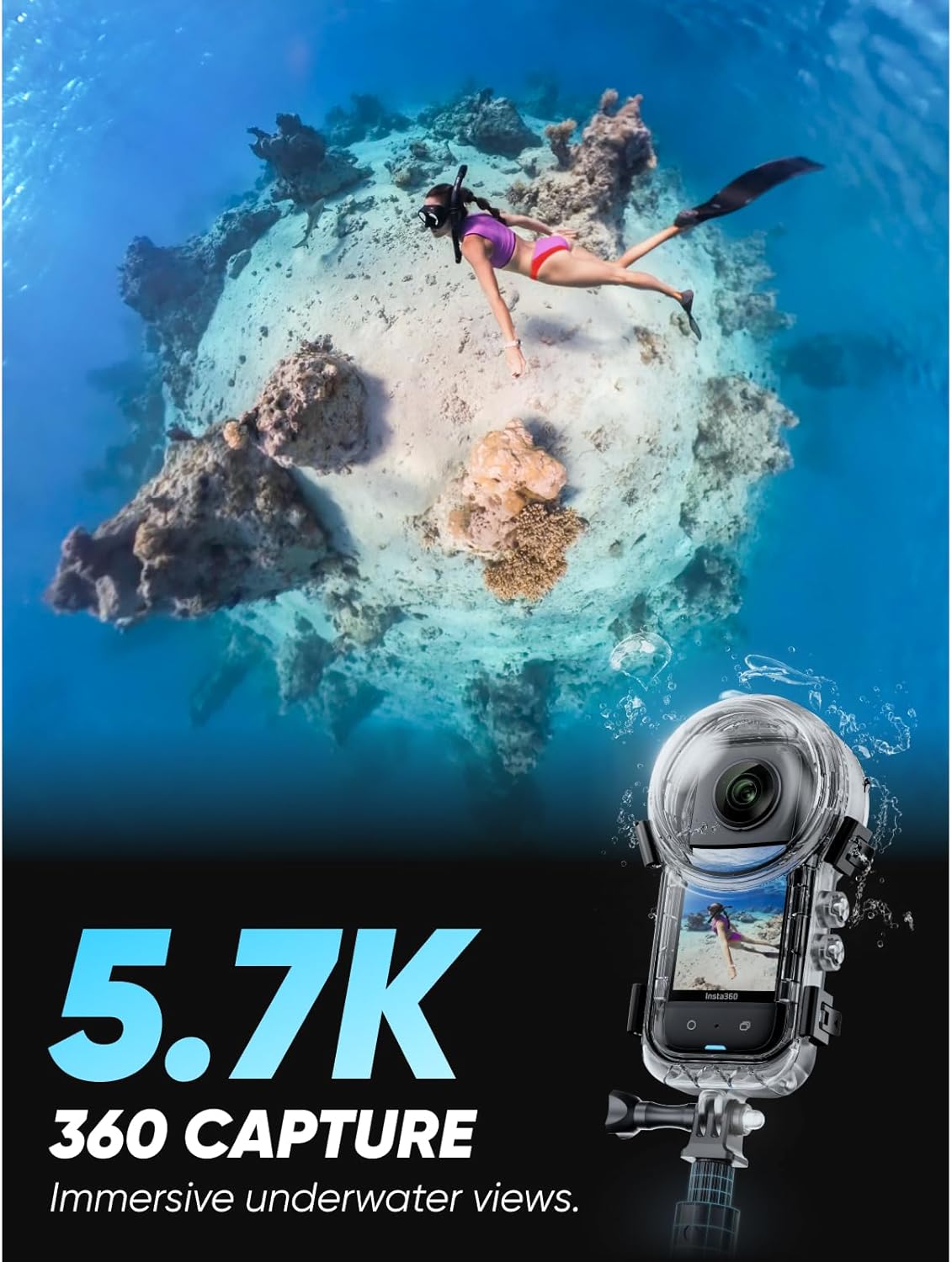 Insta360 X3 Invisible Dive Kit - Waterproof 5.7K 360 Action Camera, Dive Case, Selfie Stick, Dual 1/2" 48MP Sensors, Stabilization, 360 Horizon Lock, 4K Single-Lens, AI Editing