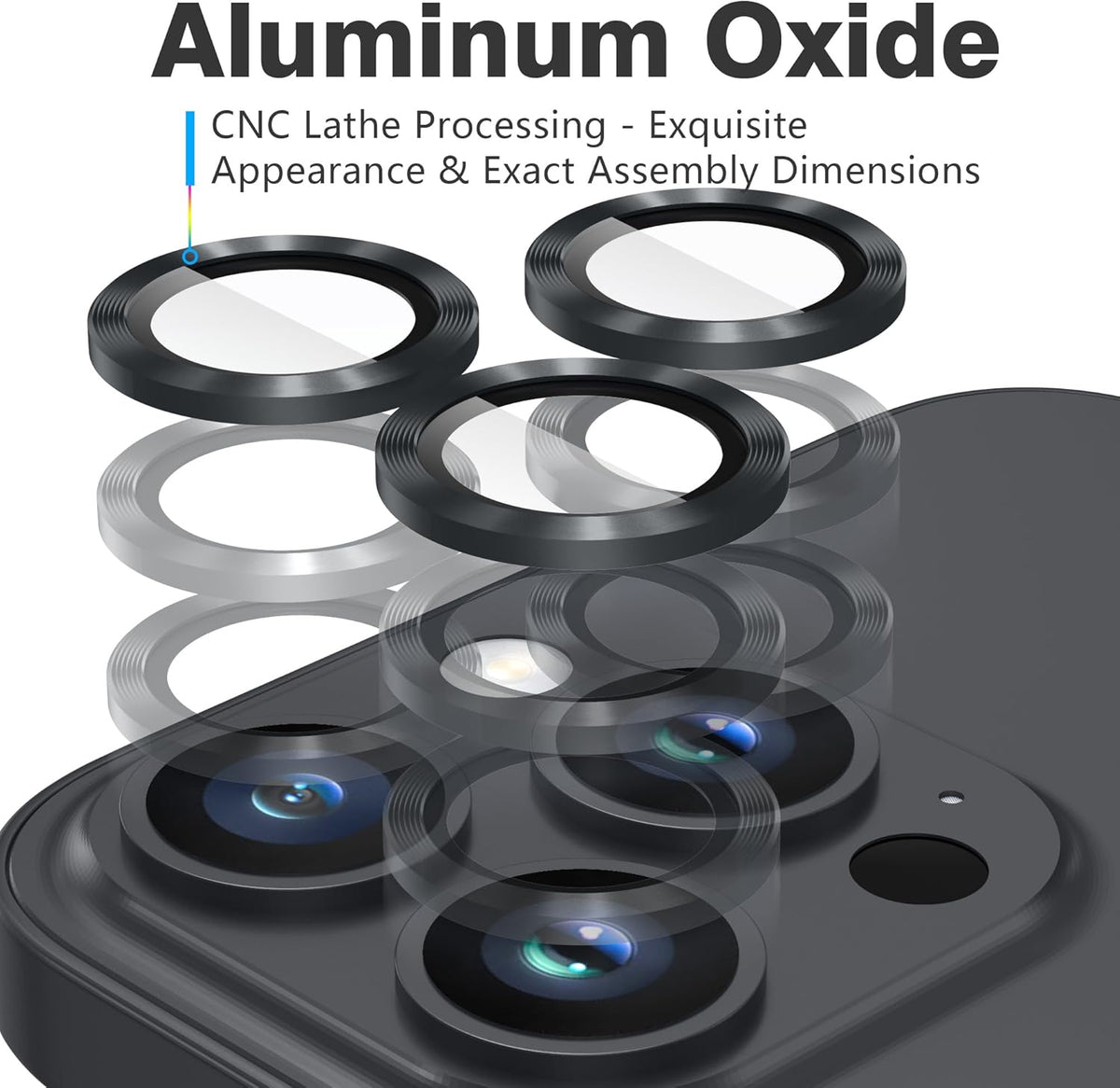 AGVEE 3+3 Camera Lens Protector for iPhone 15 Pro 6.1" / 15 Pro Max 6.7", Brushed Metal Ring 9H Tempered HD Glass Camera Protector Cover Film, Black