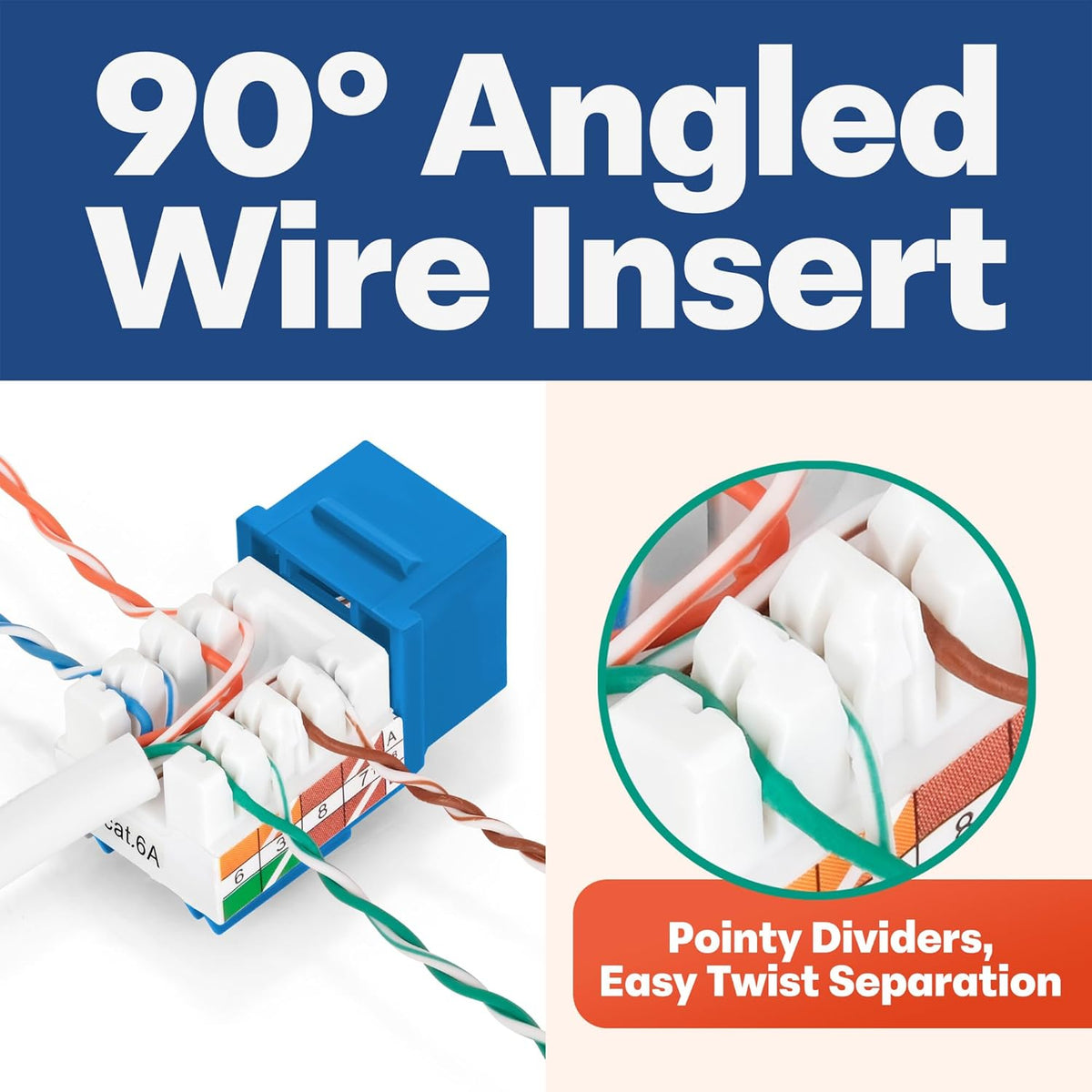 Everest 90° Angled RJ45 Cat6A Keystone Jacks 50-Pack in Blue - Slim Profile Female RJ45 Connectors - Cat 6A Keystone Jack - Compatible with 90° Angled Speed Termination Tool - easyJACK (B094WB91H3)