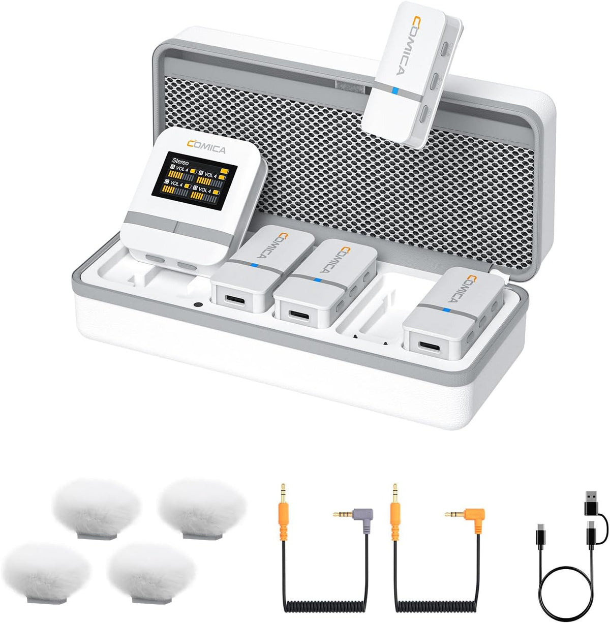 COMICA Vimo Q 4 Channel Wireless Lavalier Microphone System with Noise Cancellation, 4 Audio Tracks Output, 656ft Range, Wireless Mic for DSLR Camera, iPhone, Android,Recording Livestream(White)