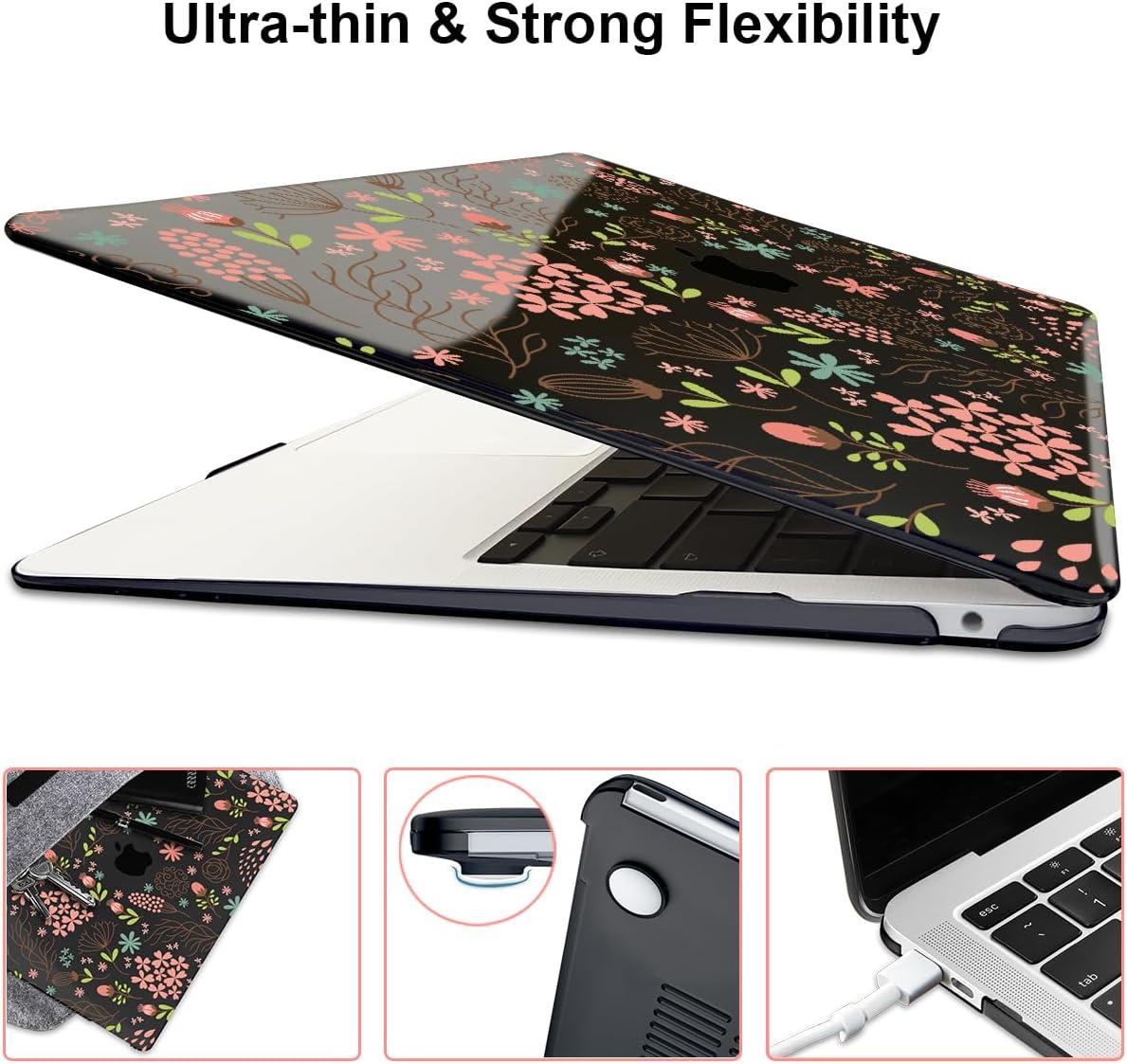 for MacBook Air 13 inch Case 2021 2020 2019 2018 Release M1 A2337 A2179 A1932, Pritned Pattern Plastic Hard Case Cover for MacBook Air 13.3" Retina Display Touch ID, Seamless Flower Black