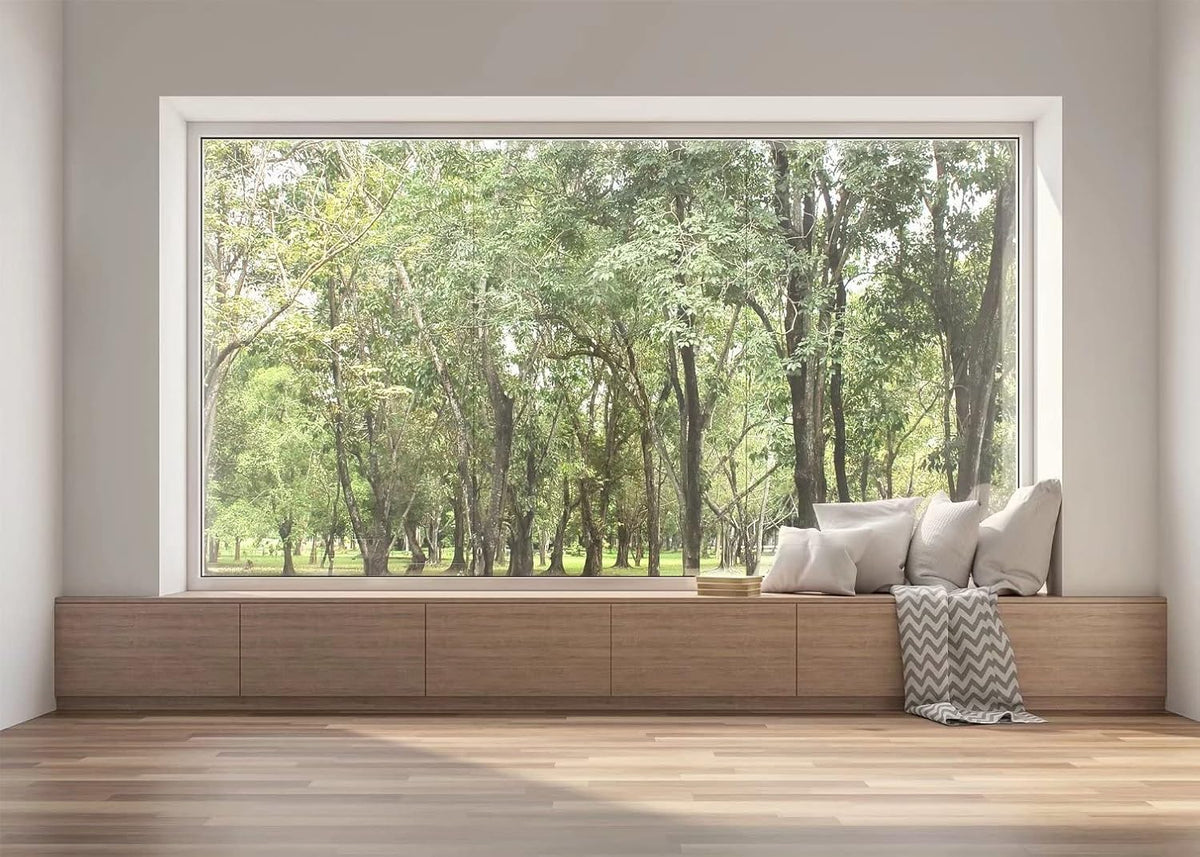 BELECO 9x6ft Fabric Modern Living Room Backdrop House Interior Window Scenery Green Forest Trees Nature Background