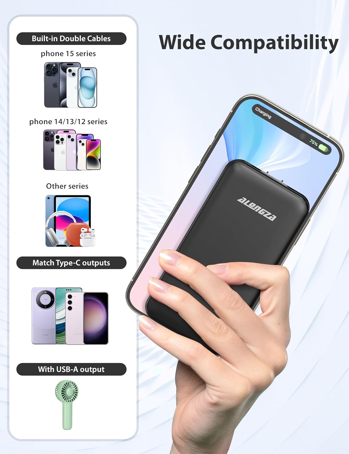 Alongza Portable Charger Built-in Cables and AC Wall Plug, Slim Fast Charging Power Bank 10000mAh, Lightweight USB C External Battery Pack Compact Travel Cell Phone Charger