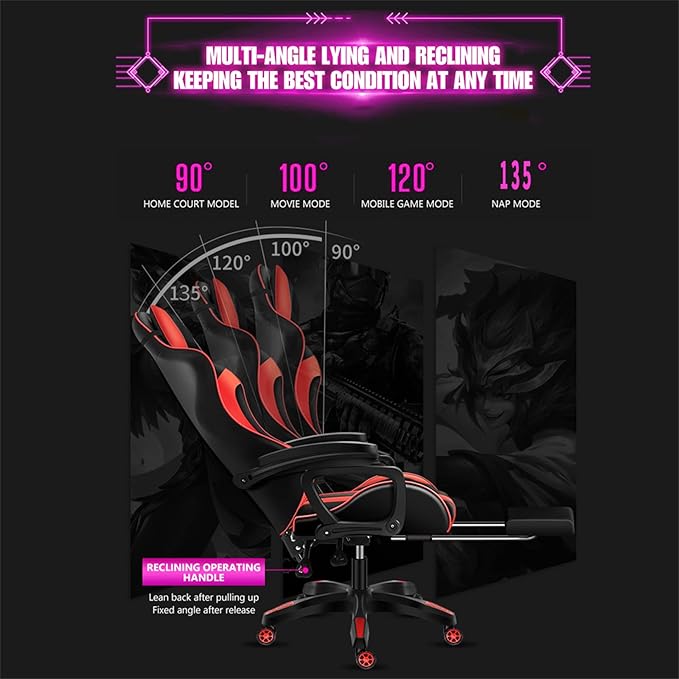 Gaming Chair with LED Light Ergonomic Chair with Massage and Bluetooth Speaker Executive Office Chair with Footrest 360° Rotation90-135° AdjustableSuitable for Office Bedroom Gaming