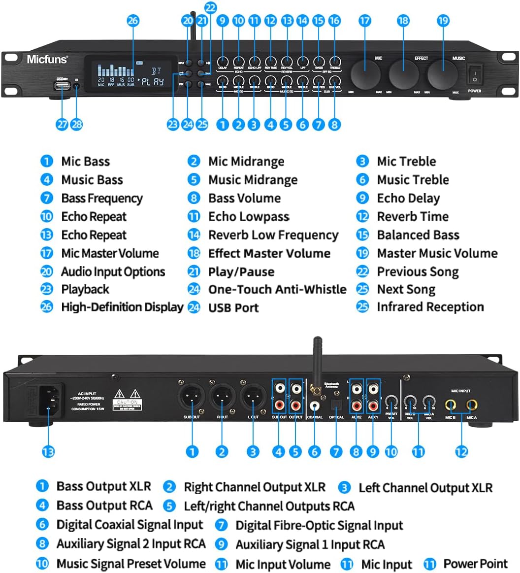 KT900DSP Feedback Suppressor Preamp Preamplifier Karaoke Effector Digital Pre-stage Effector Anti-howling Audio Processor Echo USB MP3 Bluetooth Optical