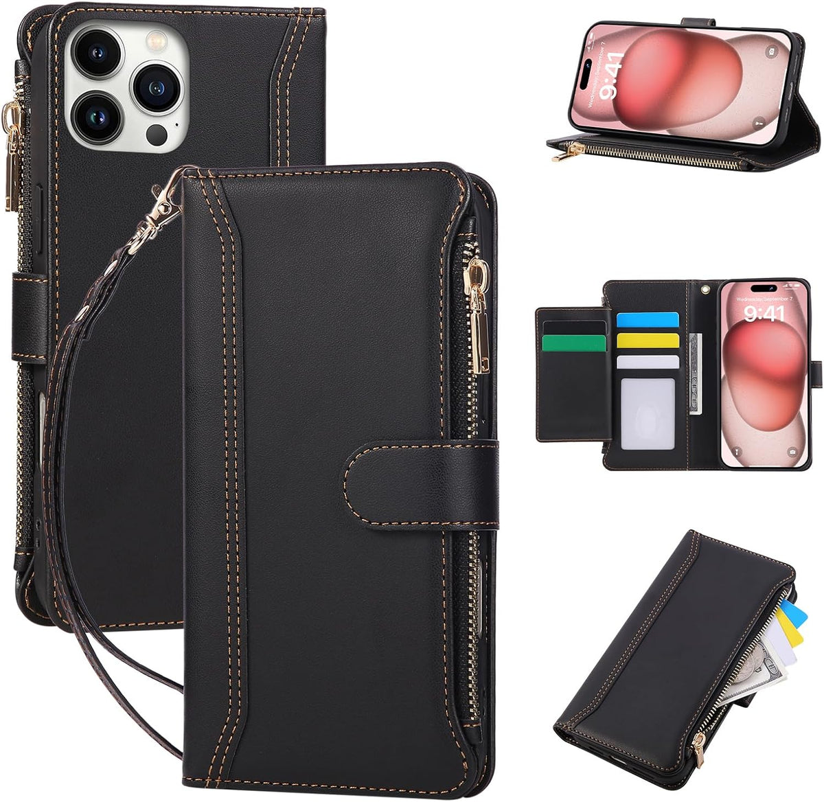 Compatible with iPhone 16 Pro Max Wallet Phone Case-PU Leather Magnetic Flip Cover with Credit Card Slots,Zipper Pocket & Detachable Wrist Strap,Shockproof Design,for Women and Men-Black