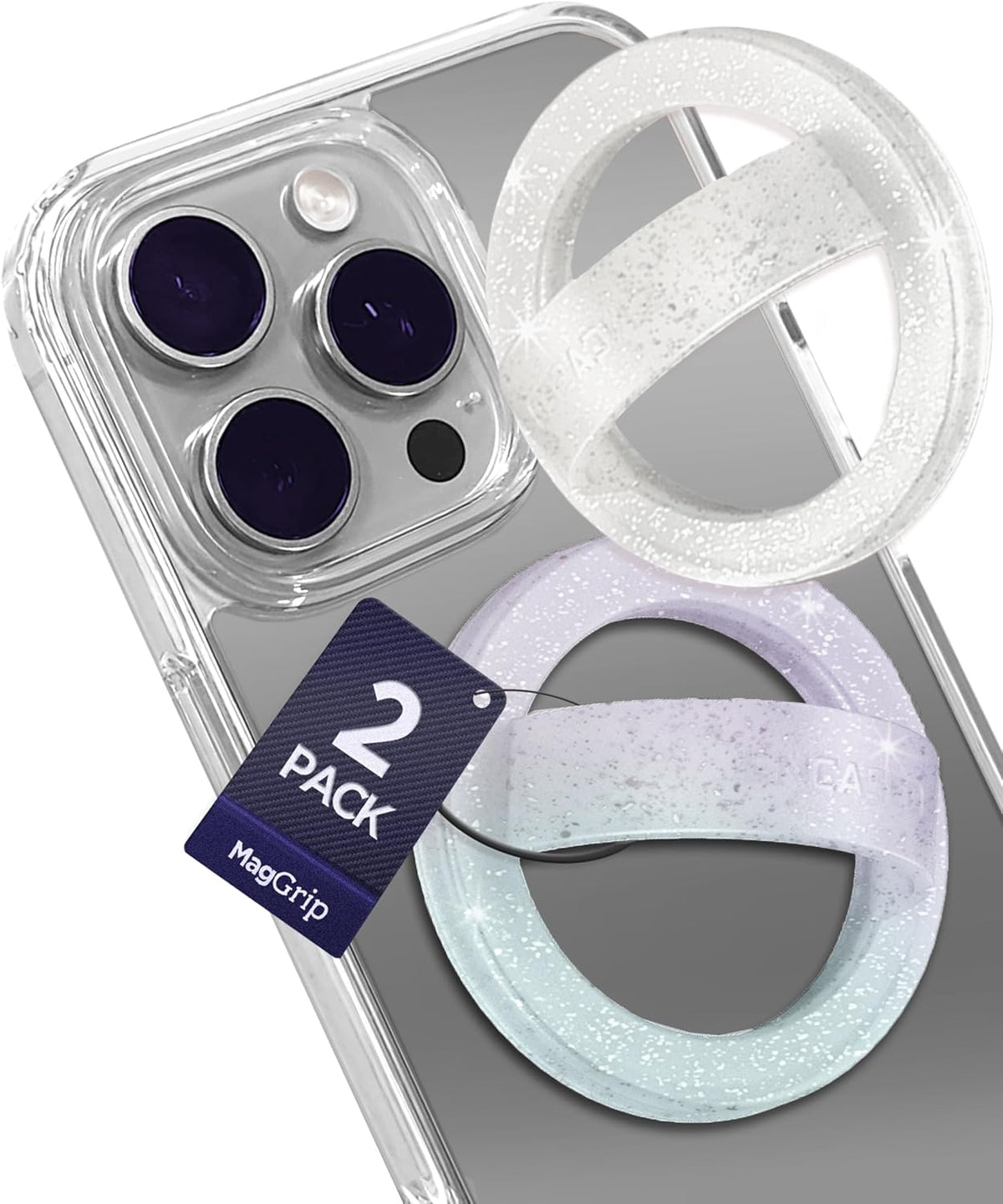 2-Pack Magnetic Phone Grip Holders Compatible with MagSafe, Soft-Touch Silicone Finger Loops for iPhone, Comfortable and Secure Fit (Clear Sparkle & Gradient Candy)