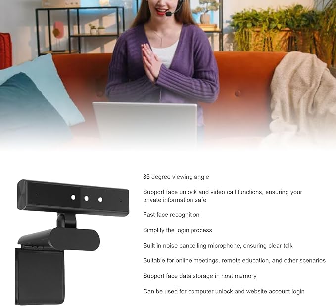 ASHATA Face Recognition Webcam Wins 10 and 11 5MP 85 Degree View Face Unlock Computer Camera with Mic for Desktop Computer Laptop Meeting Video Calls etc.