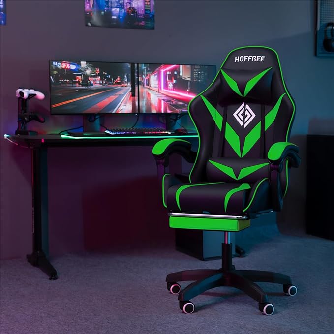HOFFREE Massage Gaming Chair for Kids Computer Gamer Chair with Footrest and Lumbar Support Reclining PC Game Chair with Headrest for Gaming Room Green and Black