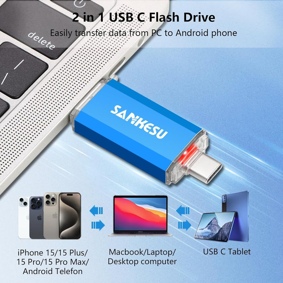64GB 3.0 USB C Flash Drive, USB-A & Type-C OTG Thumb Stick, Dual Memory Sticks Compatible with PC/Laptop/Type C Cell Phone and Tablet (Silver/Blue)