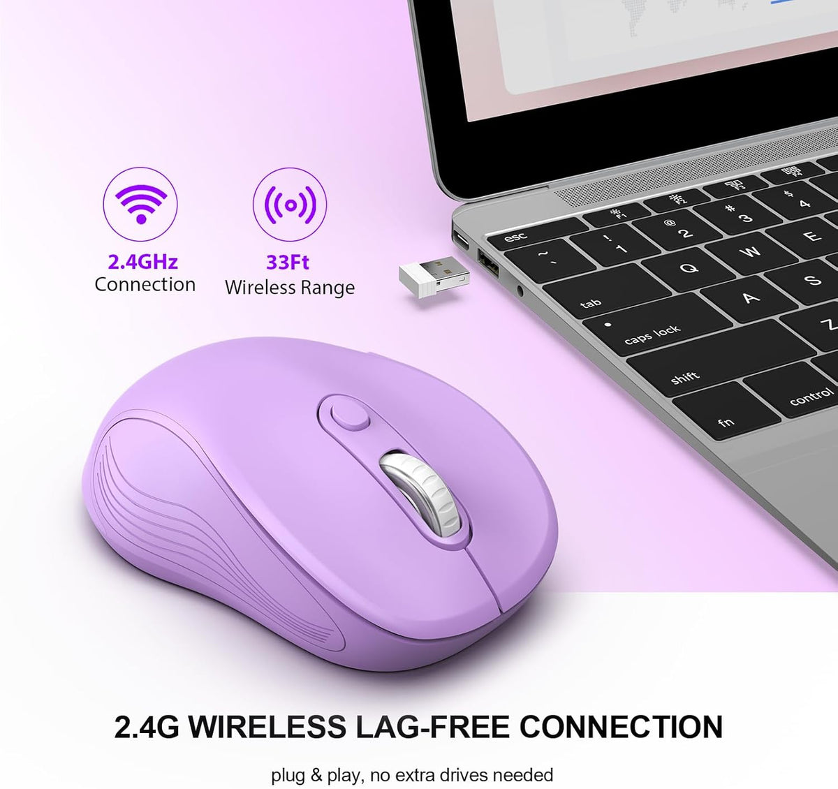 WisFox 2.4G Wireless Mouse for Laptop, Ergonomic Computer Mouse with USB Receiver and Type-C Adapter, 3 Adjustable Levels DPI, 6 Button Cordless Wireless Mice (Violate)