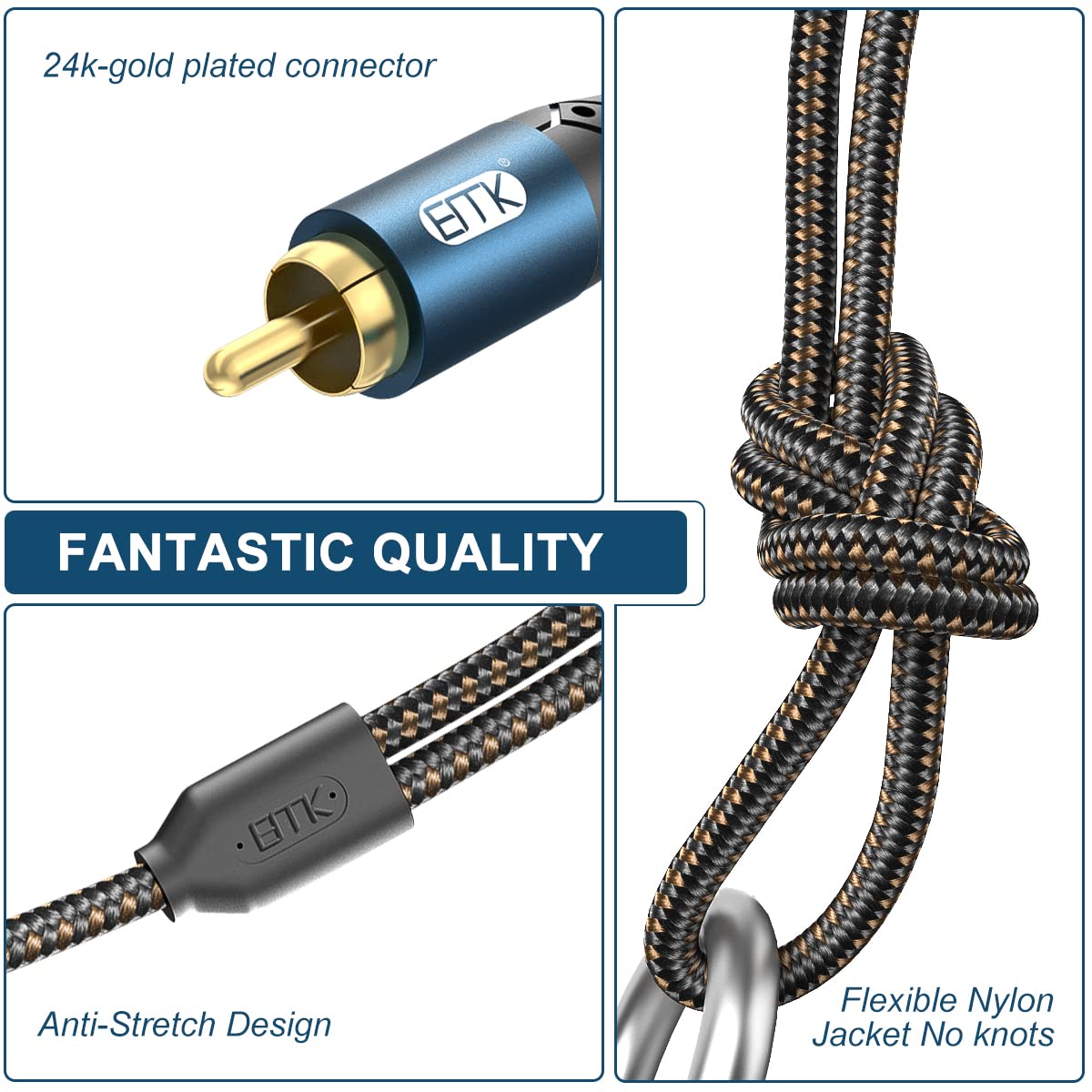 EMK 3.5mm to 2RCA Cable 24K Gold-Plated Nylon Braided RCA to Auxiliary Stereo Audio Headphone Male to Male 1/8 to RCA Cord for Tablet,Subwoofer,Home Theater,DVD Speaker,MP3/MP4,Player 15ft/5m
