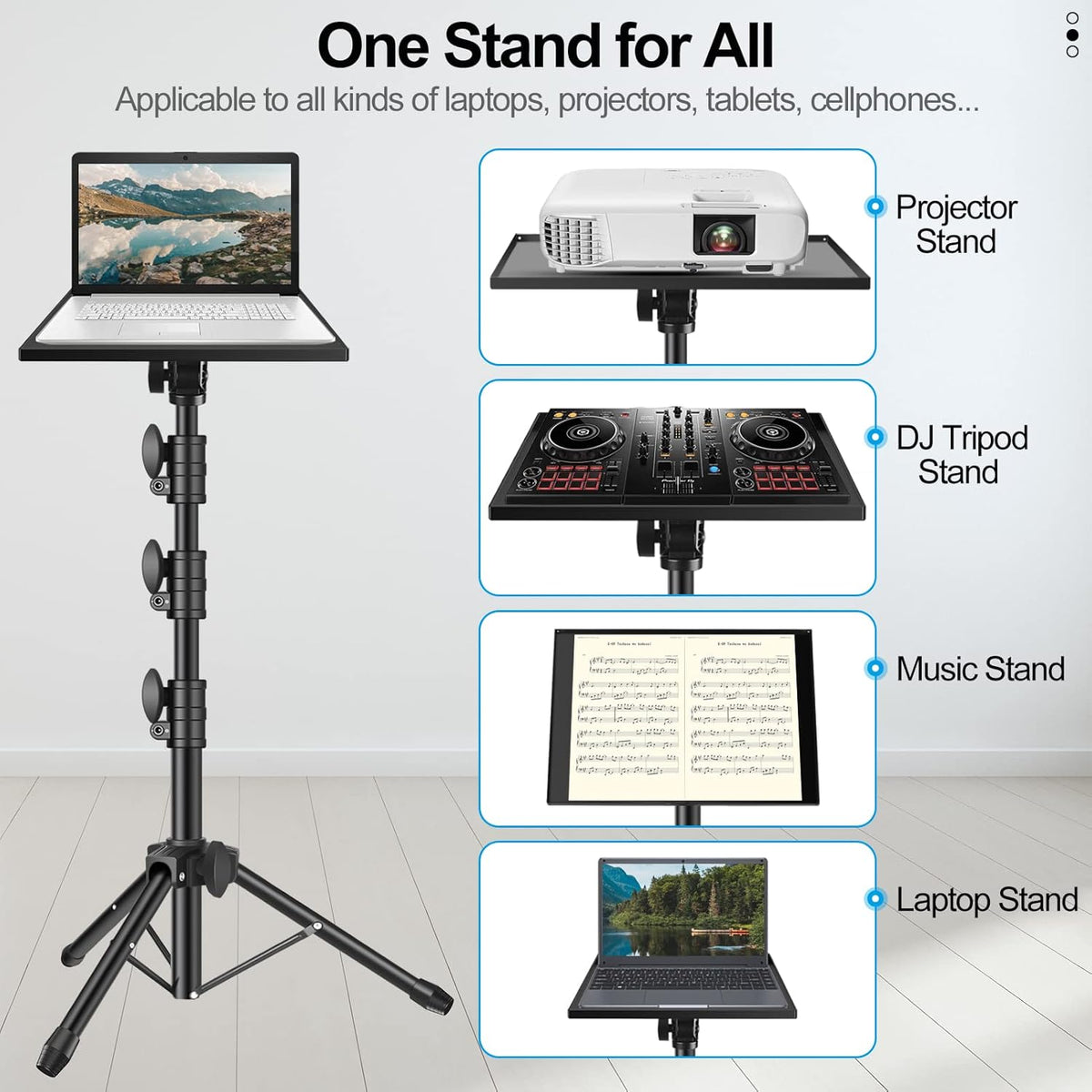 Projector Stand Tripod, Portable Laptop Floor Mount Adjustable Height 26 to 52 Inch with Gooseneck Phone Holder for Outdoor Movies-Detachable Computer DJ Racks